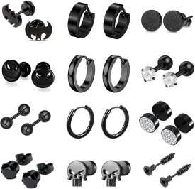 12 Pairs Earrings for Men Punk Mens Earrings Stainless Steel Black Silver Earrings Cool Flatback Screw Skull Stud Earrings for Eboys