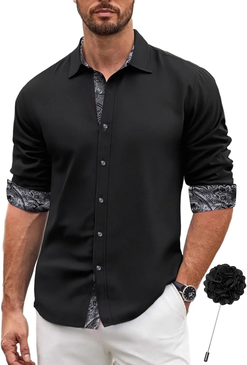 Barry.Wang Men's Dress Shirts Checkered Paisley Collar Cuff Contrast Button Down Long Sleeve Formal Casual Shirt Western