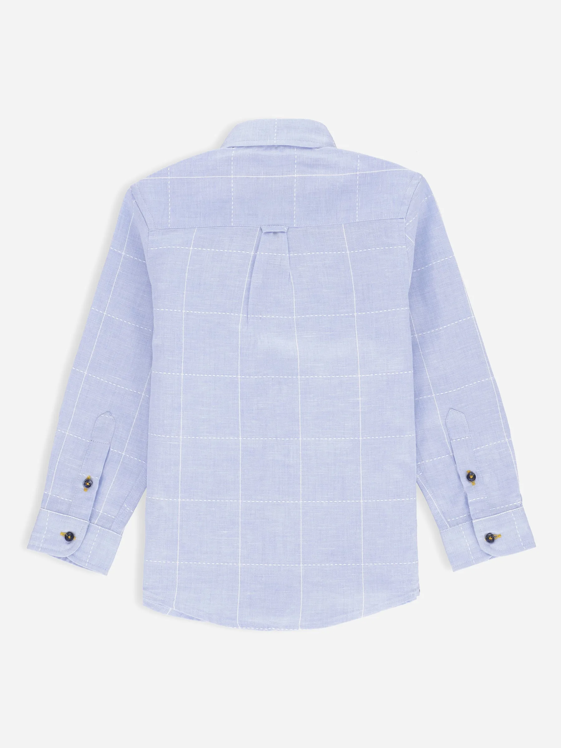 Blue Linen Checkered Long Sleeve Casual Shirt