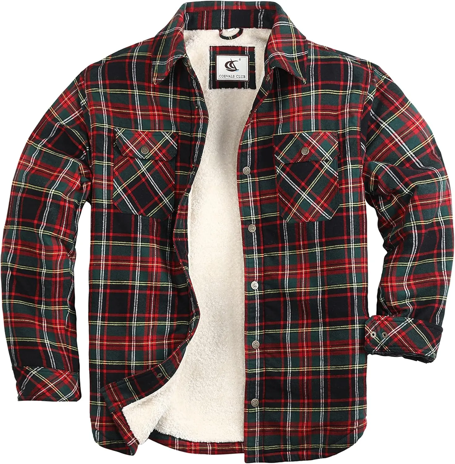 COEVALS CLUB Men's Flannel Jacket Sherpa Lined Quilted Cotton Snap Button Up Long Sleeve Shirts Hooded Coat