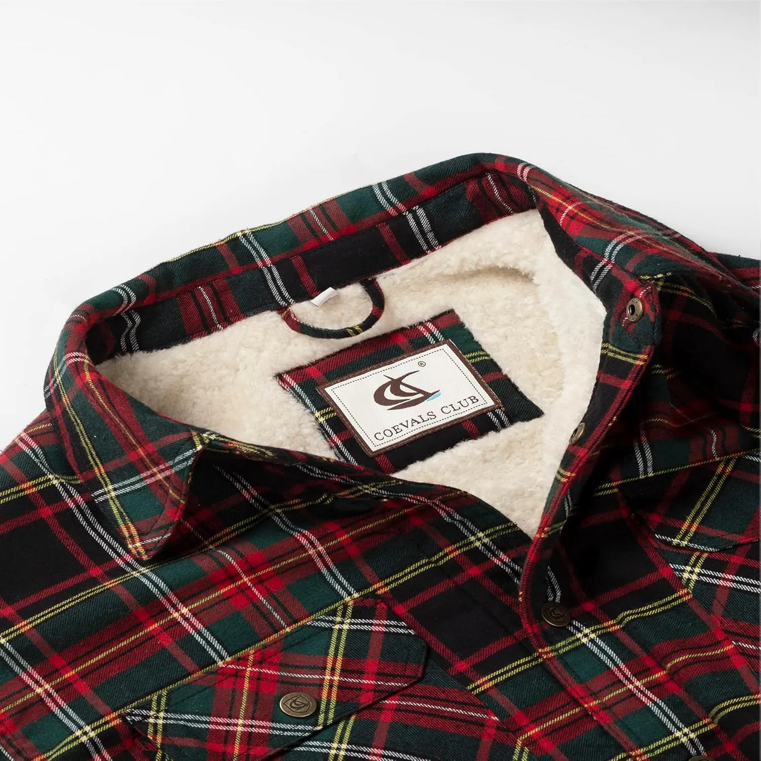 COEVALS CLUB Men's Flannel Jacket Sherpa Lined Quilted Cotton Snap Button Up Long Sleeve Shirts Hooded Coat