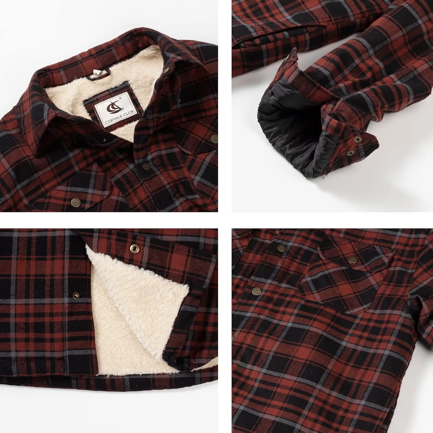 COEVALS CLUB Men's Flannel Shacket Casual Button Snap Sherpa Quilted Lined Premium Jacket Shirts