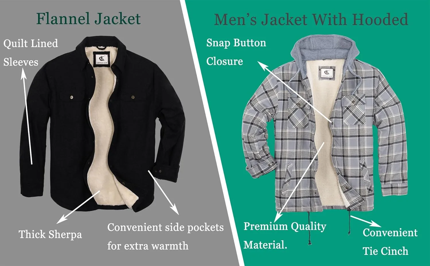 COEVALS CLUB Men's Flannel Shacket Casual Button Snap Sherpa Quilted Lined Premium Jacket Shirts