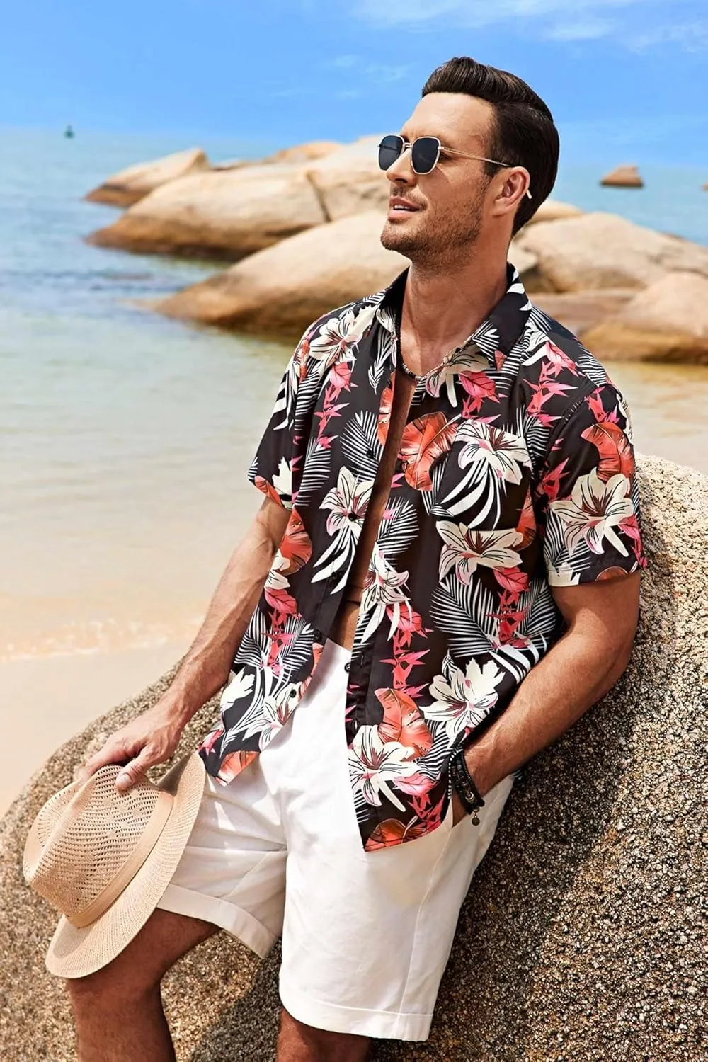 COOFANDY Mens Hawaiian Tropical Shirt Short Sleeve Casual Button Down Floral Summer Beach Shirts with Pocket