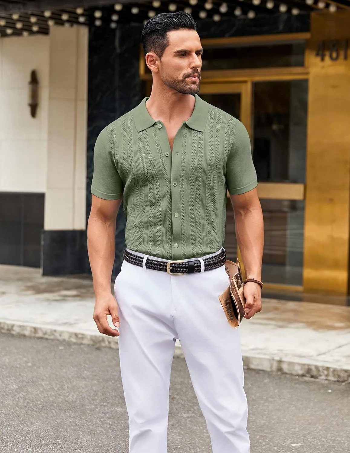 COOFANDY Mens Knit Button Down Shirts Short Sleeve Vintage Polo Shirt Casual Vacation Beach Shirts