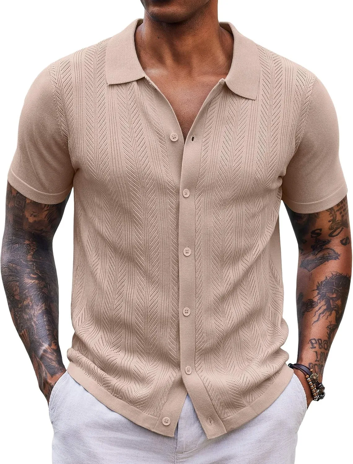 COOFANDY Mens Knit Button Down Shirts Short Sleeve Vintage Polo Shirt Casual Vacation Beach Shirts