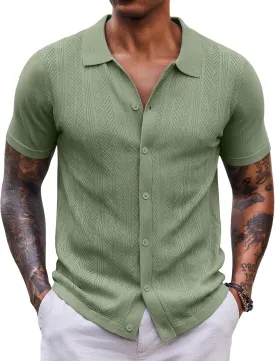 COOFANDY Mens Knit Button Down Shirts Short Sleeve Vintage Polo Shirt Casual Vacation Beach Shirts