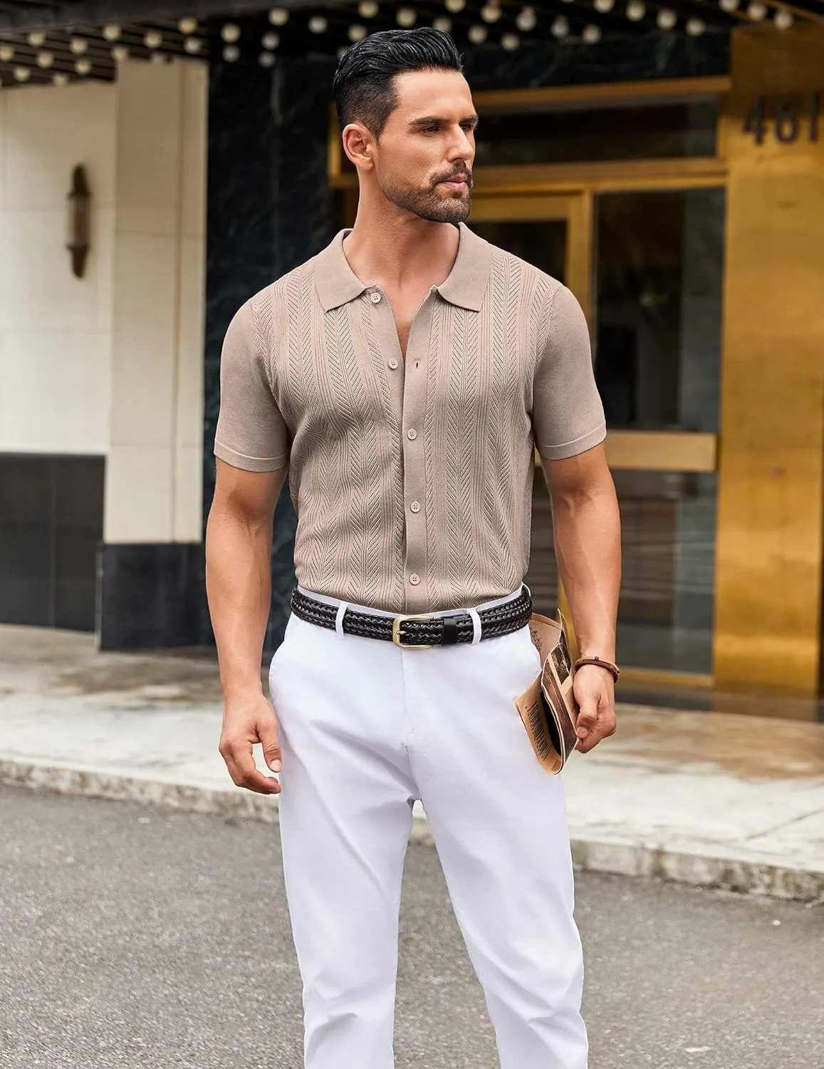 COOFANDY Mens Knit Button Down Shirts Short Sleeve Vintage Polo Shirt Casual Vacation Beach Shirts