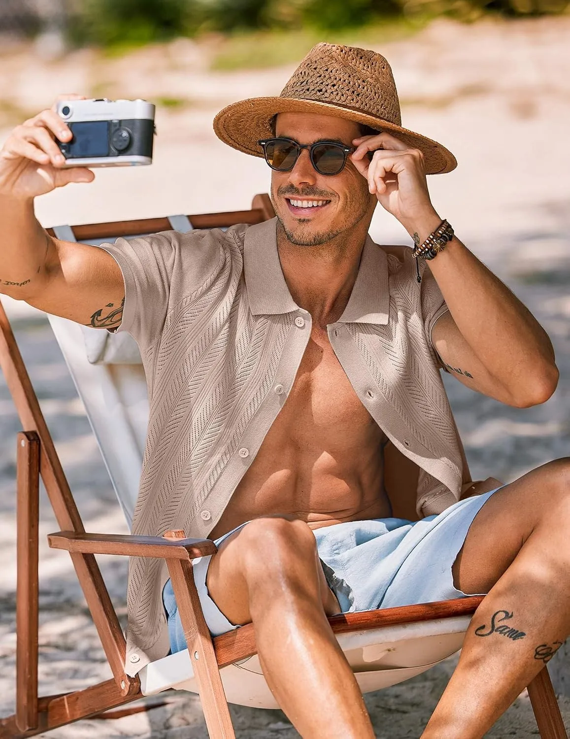 COOFANDY Mens Knit Button Down Shirts Short Sleeve Vintage Polo Shirt Casual Vacation Beach Shirts