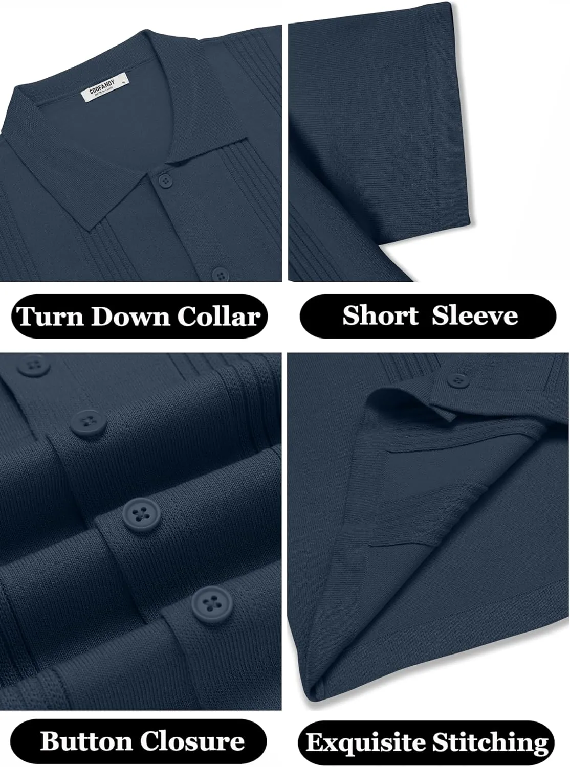 COOFANDY Men's Knit Shirt Short Sleeve Button Down Vintage Polo Shirts Casual Summer Beach Shirts