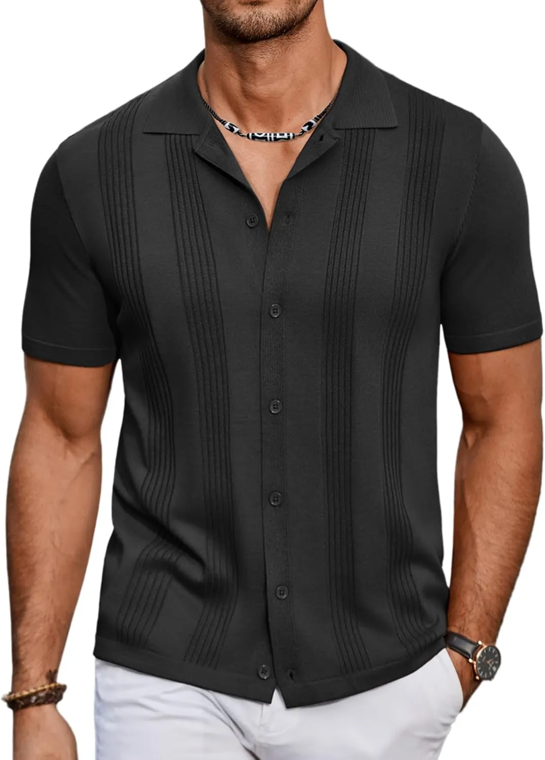 COOFANDY Men's Knit Shirt Short Sleeve Button Down Vintage Polo Shirts Casual Summer Beach Shirts