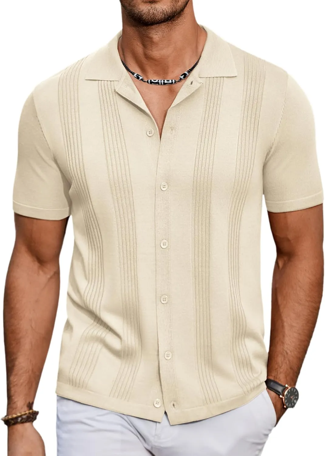 COOFANDY Men's Knit Shirt Short Sleeve Button Down Vintage Polo Shirts Casual Summer Beach Shirts