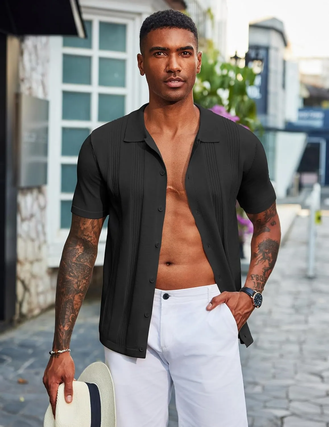 COOFANDY Men's Knit Shirt Short Sleeve Button Down Vintage Polo Shirts Casual Summer Beach Shirts