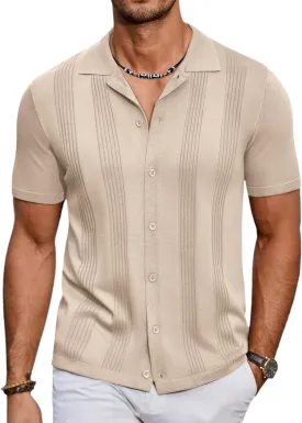 COOFANDY Men's Knit Shirt Short Sleeve Button Down Vintage Polo Shirts Casual Summer Beach Shirts