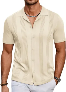 COOFANDY Men's Knit Shirt Short Sleeve Button Down Vintage Polo Shirts Casual Summer Beach Shirts