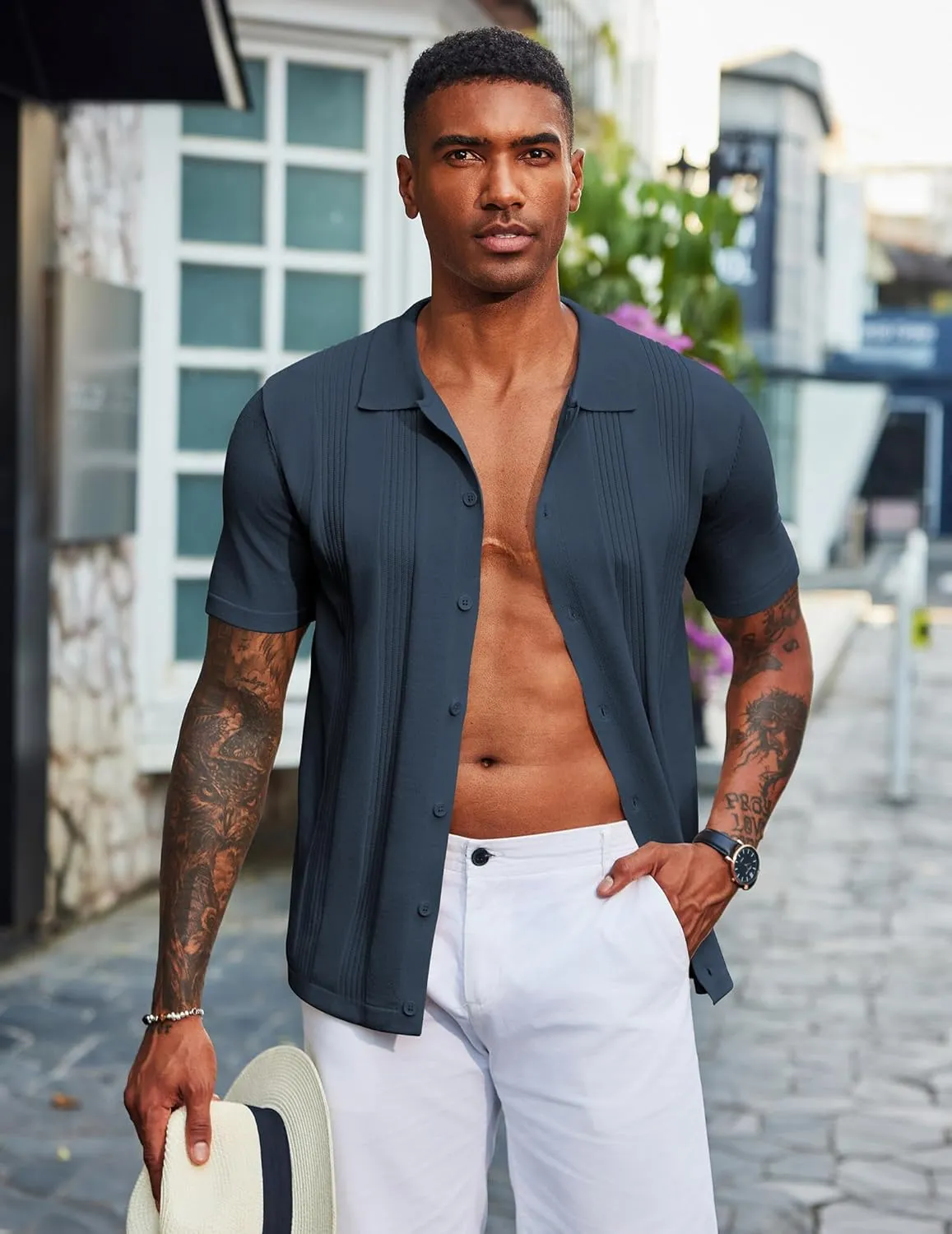 COOFANDY Men's Knit Shirt Short Sleeve Button Down Vintage Polo Shirts Casual Summer Beach Shirts