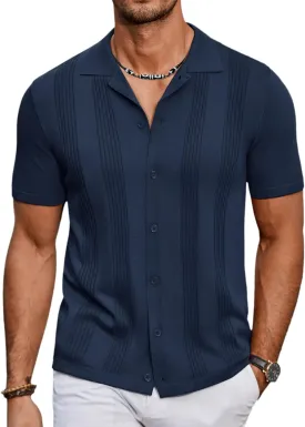 COOFANDY Men's Knit Shirt Short Sleeve Button Down Vintage Polo Shirts Casual Summer Beach Shirts