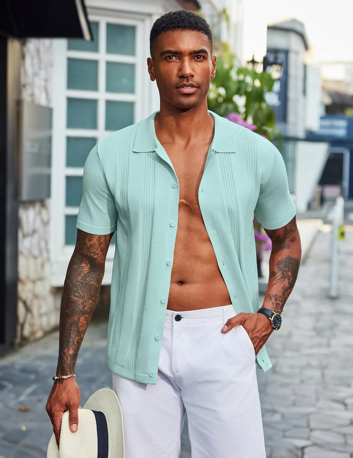 COOFANDY Men's Knit Shirt Short Sleeve Button Down Vintage Polo Shirts Casual Summer Beach Shirts