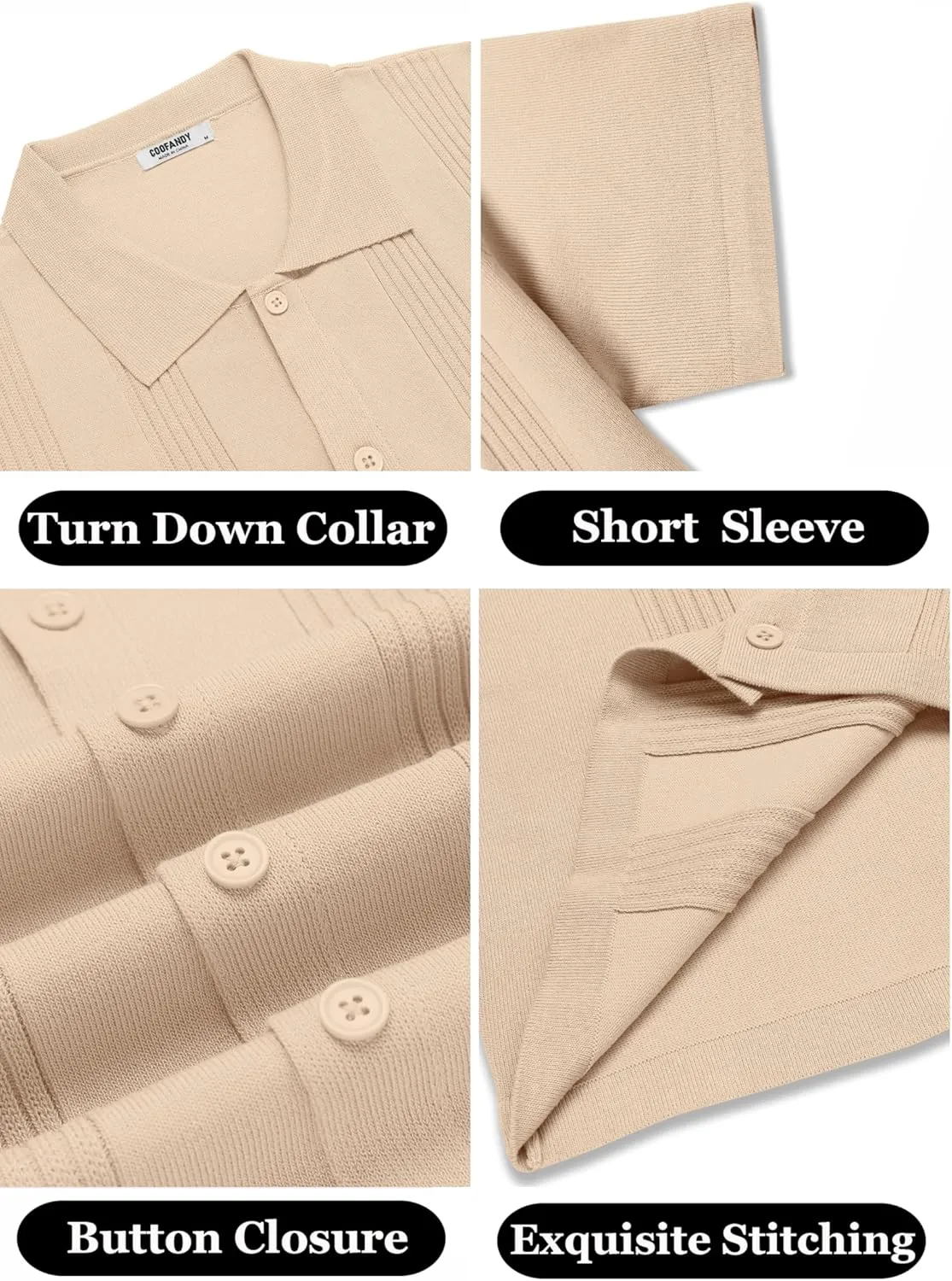 COOFANDY Men's Knit Shirt Short Sleeve Button Down Vintage Polo Shirts Casual Summer Beach Shirts