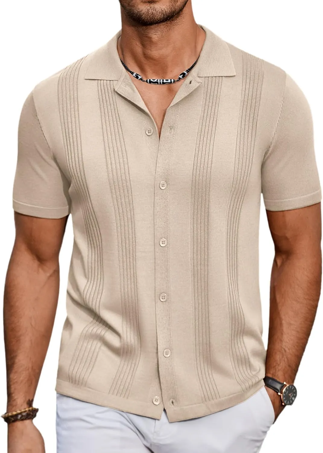 COOFANDY Men's Knit Shirt Short Sleeve Button Down Vintage Polo Shirts Casual Summer Beach Shirts