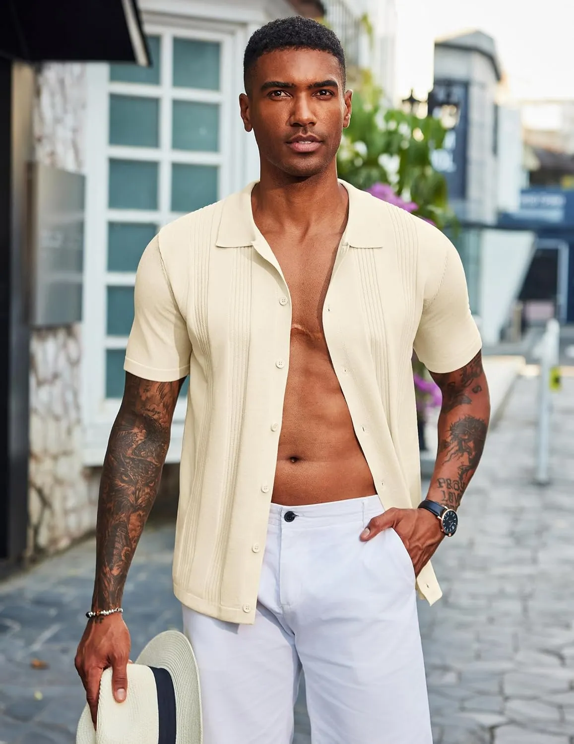 COOFANDY Men's Knit Shirt Short Sleeve Button Down Vintage Polo Shirts Casual Summer Beach Shirts