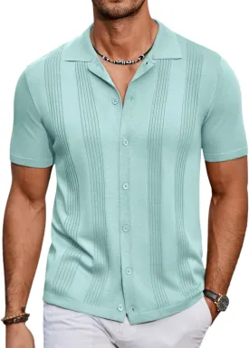 COOFANDY Men's Knit Shirt Short Sleeve Button Down Vintage Polo Shirts Casual Summer Beach Shirts