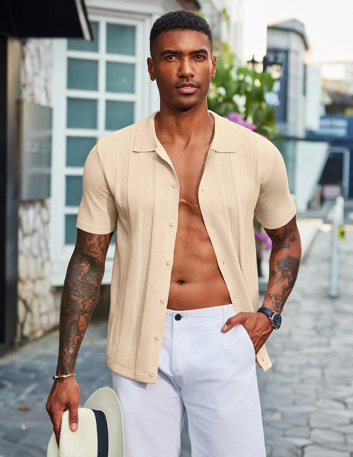 COOFANDY Men's Knit Shirt Short Sleeve Button Down Vintage Polo Shirts Casual Summer Beach Shirts