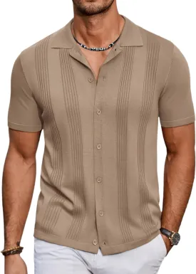 COOFANDY Men's Knit Shirt Short Sleeve Button Down Vintage Polo Shirts Casual Summer Beach Shirts
