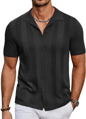 COOFANDY Men's Knit Shirt Short Sleeve Button Down Vintage Polo Shirts Casual Summer Beach Shirts