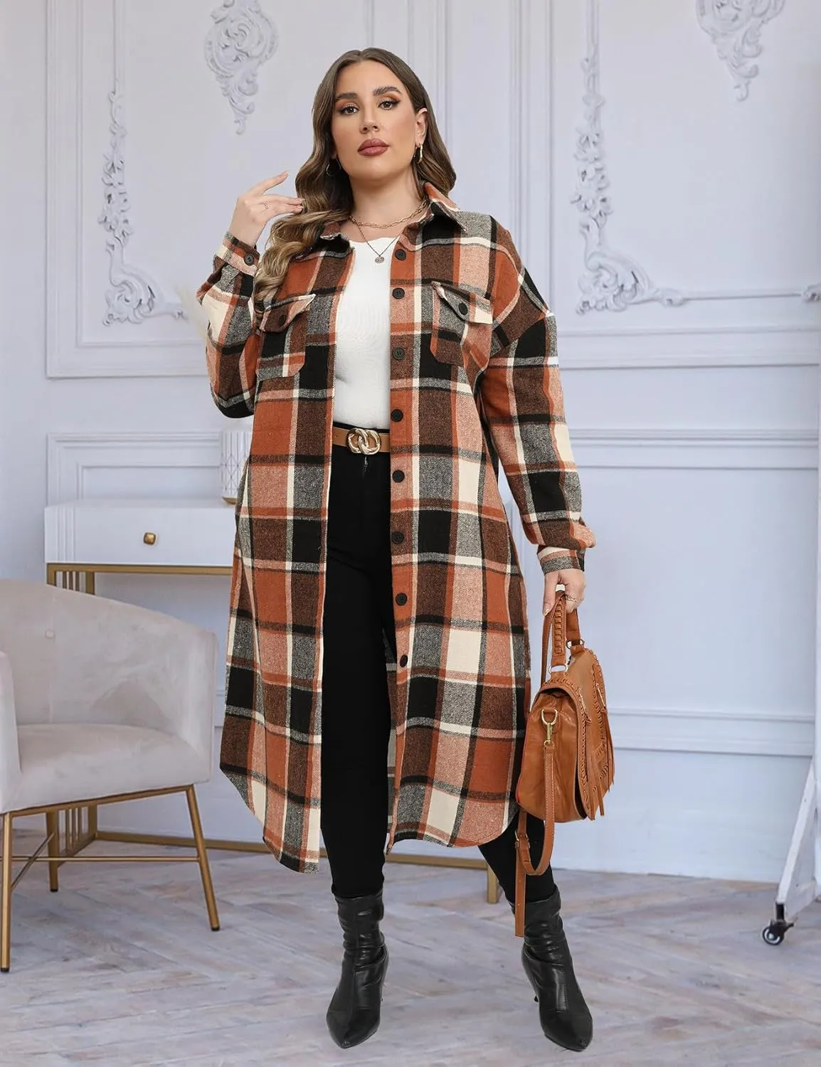 CYCLAMEN 2024 Women's Plus Size 1X-5X Long Flannel Plaid Shacket Jacket Calf-Length Button Down Coat Shirt Pocket Fall Winter