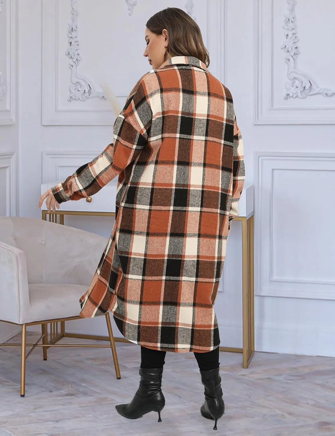 CYCLAMEN 2024 Women's Plus Size 1X-5X Long Flannel Plaid Shacket Jacket Calf-Length Button Down Coat Shirt Pocket Fall Winter
