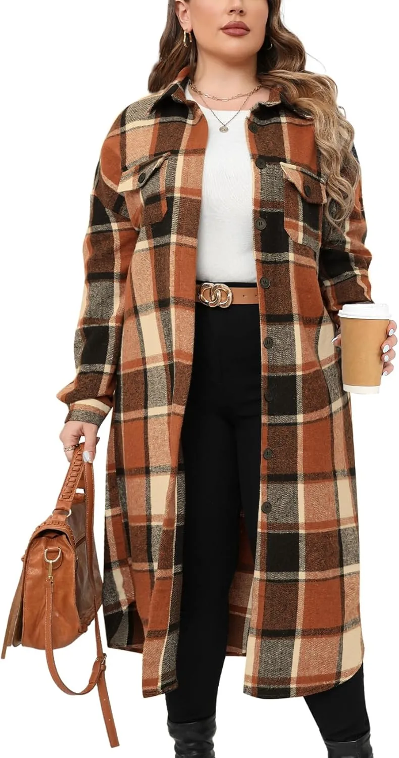 CYCLAMEN 2024 Women's Plus Size 1X-5X Long Flannel Plaid Shacket Jacket Calf-Length Button Down Coat Shirt Pocket Fall Winter
