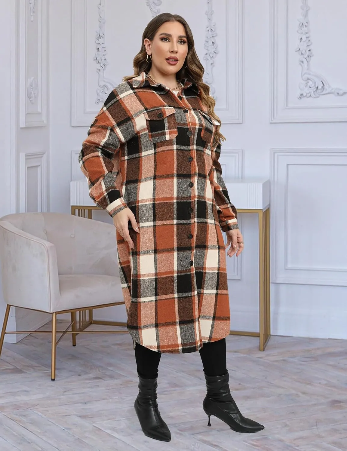 CYCLAMEN 2024 Women's Plus Size 1X-5X Long Flannel Plaid Shacket Jacket Calf-Length Button Down Coat Shirt Pocket Fall Winter