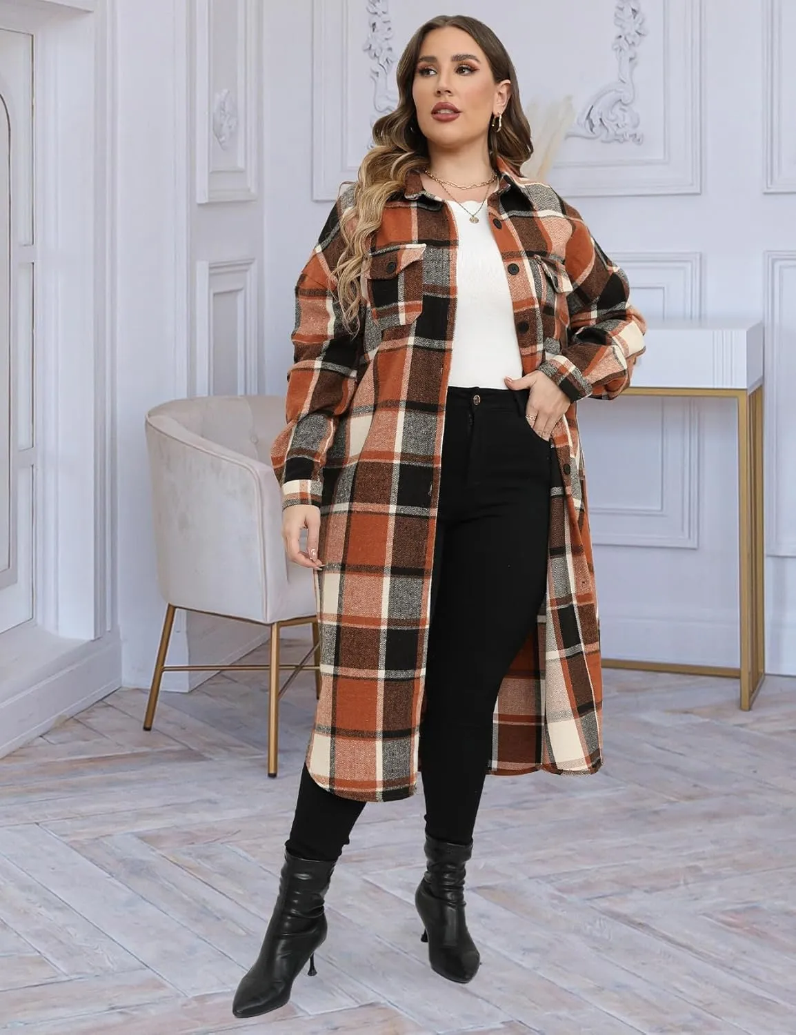 CYCLAMEN 2024 Women's Plus Size 1X-5X Long Flannel Plaid Shacket Jacket Calf-Length Button Down Coat Shirt Pocket Fall Winter