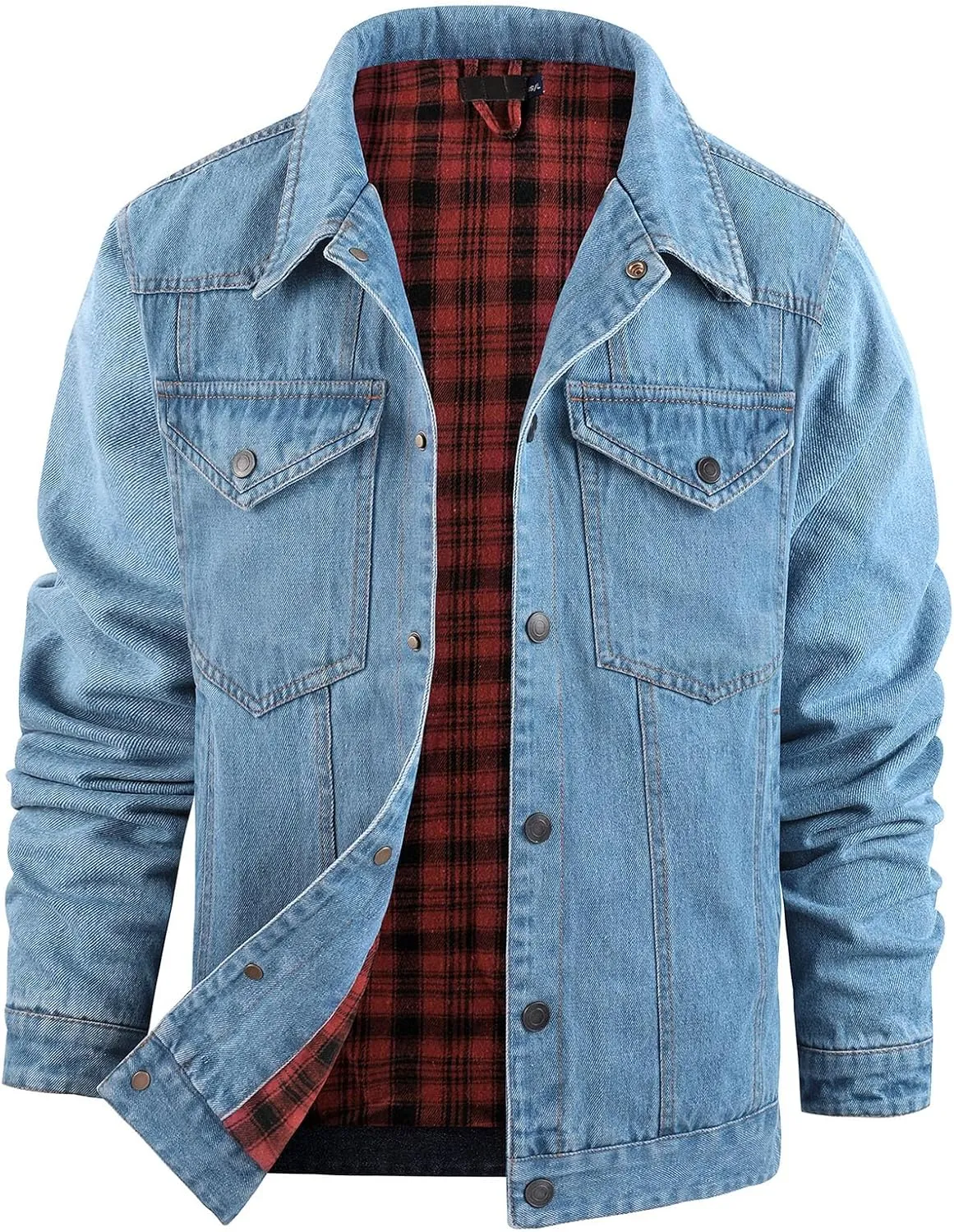 Flygo Mens Flannel Lined Denim Jacket Snap Cowboy Cut Western Classic Slim Fit Vintage Heavy Duty Jacket Trucker Coat