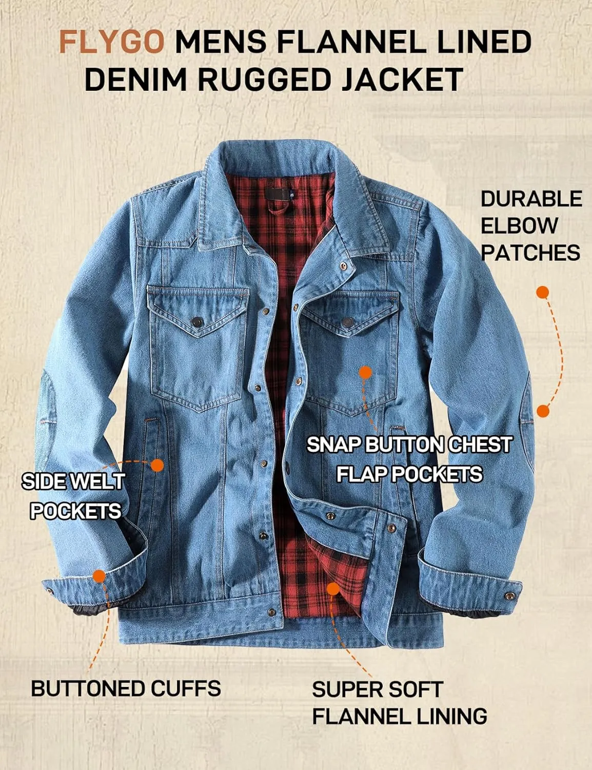Flygo Mens Flannel Lined Denim Jacket Snap Cowboy Cut Western Classic Slim Fit Vintage Heavy Duty Jacket Trucker Coat