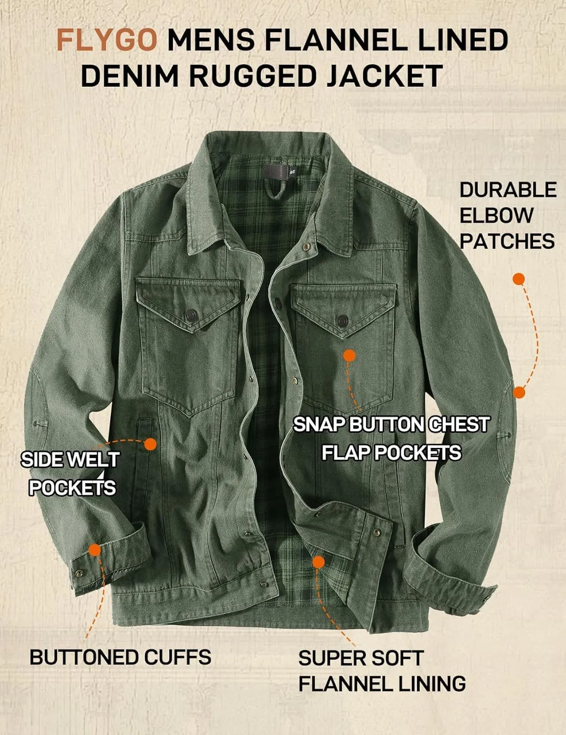 Flygo Mens Flannel Lined Denim Jacket Snap Cowboy Cut Western Classic Slim Fit Vintage Heavy Duty Jacket Trucker Coat