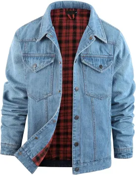 Flygo Mens Flannel Lined Denim Jacket Snap Cowboy Cut Western Classic Slim Fit Vintage Heavy Duty Jacket Trucker Coat