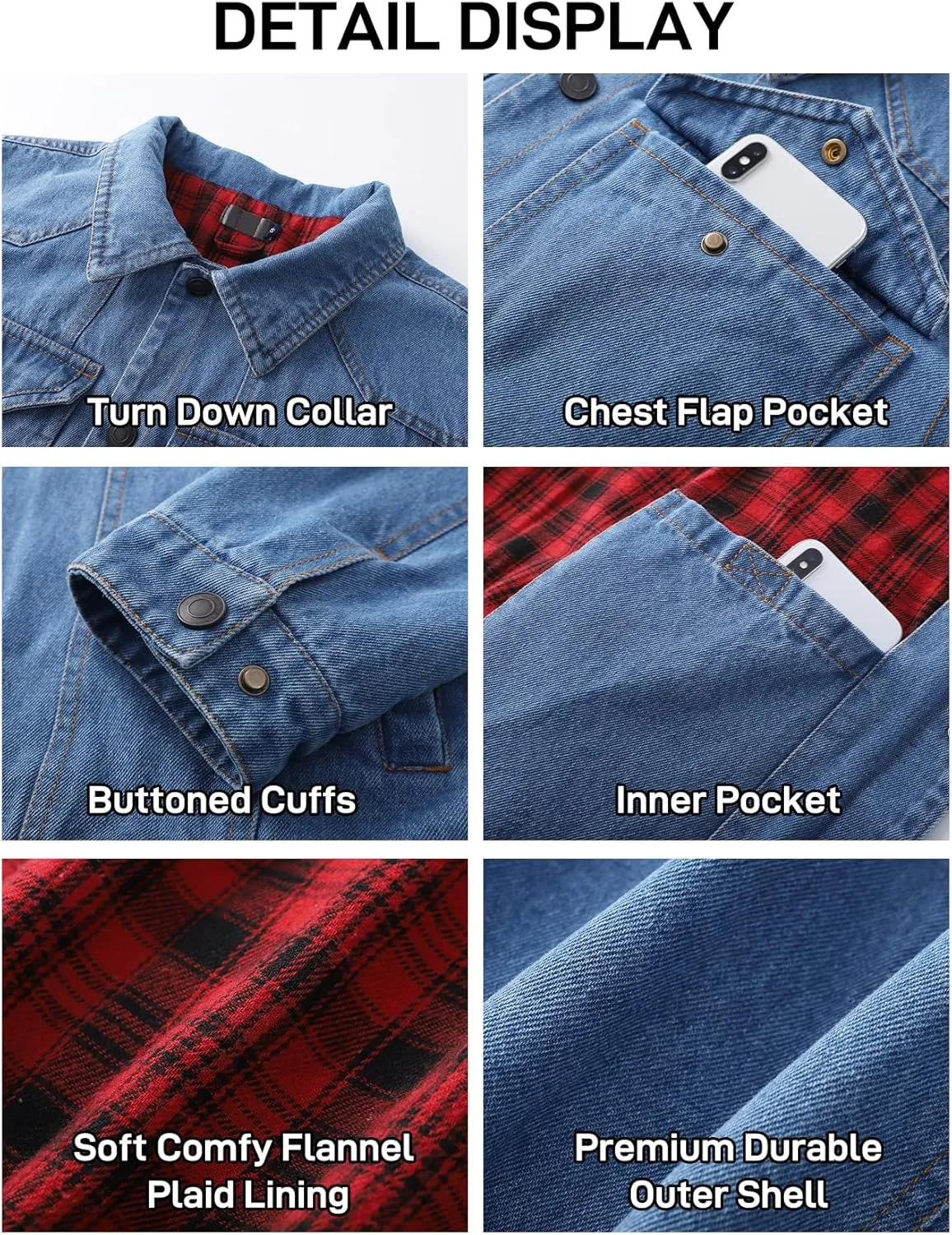 Flygo Mens Flannel Lined Denim Jacket Snap Cowboy Cut Western Classic Slim Fit Vintage Heavy Duty Jacket Trucker Coat