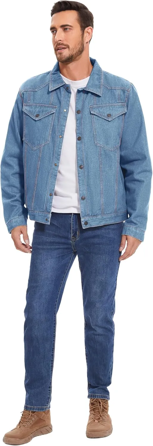 Flygo Mens Flannel Lined Denim Jacket Snap Cowboy Cut Western Classic Slim Fit Vintage Heavy Duty Jacket Trucker Coat