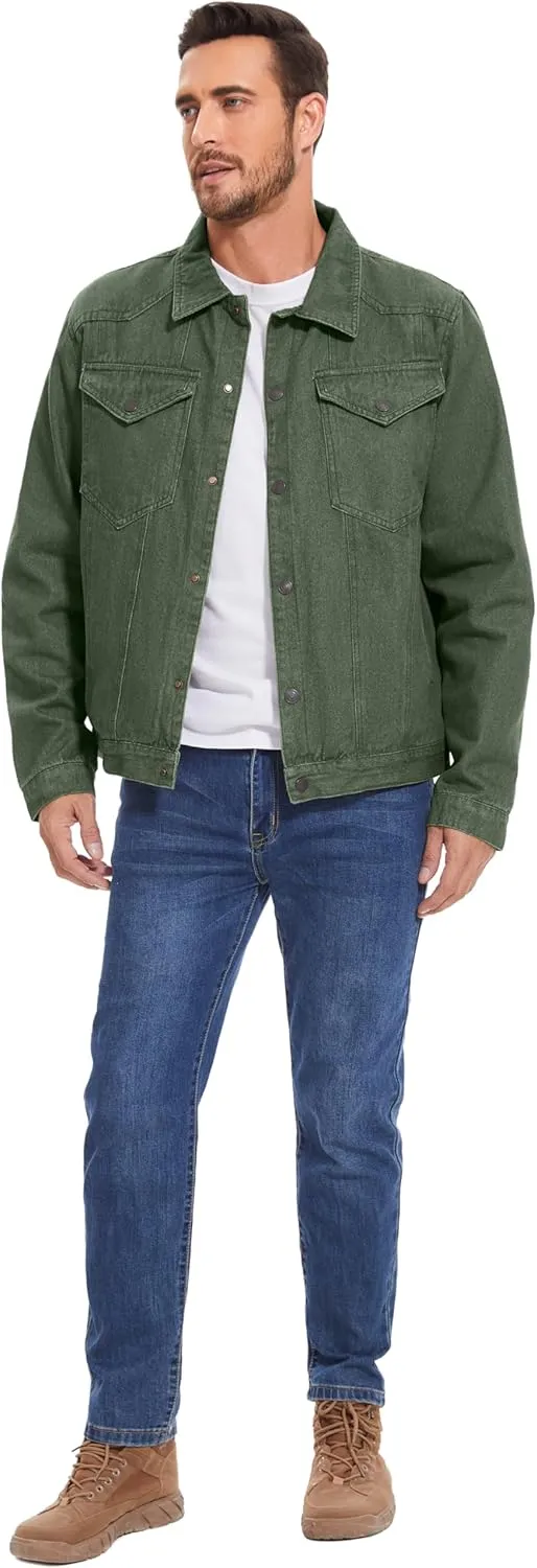Flygo Mens Flannel Lined Denim Jacket Snap Cowboy Cut Western Classic Slim Fit Vintage Heavy Duty Jacket Trucker Coat
