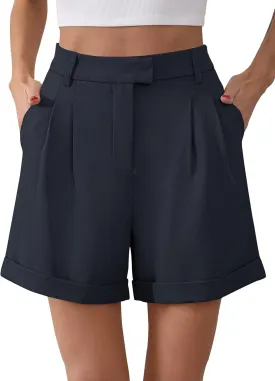 Gracyoga Shorts for Women Trendy Summer Elastic High Waisted Wide Leg Casual Short Loose Cuffed Hem Work Trouser Shorts