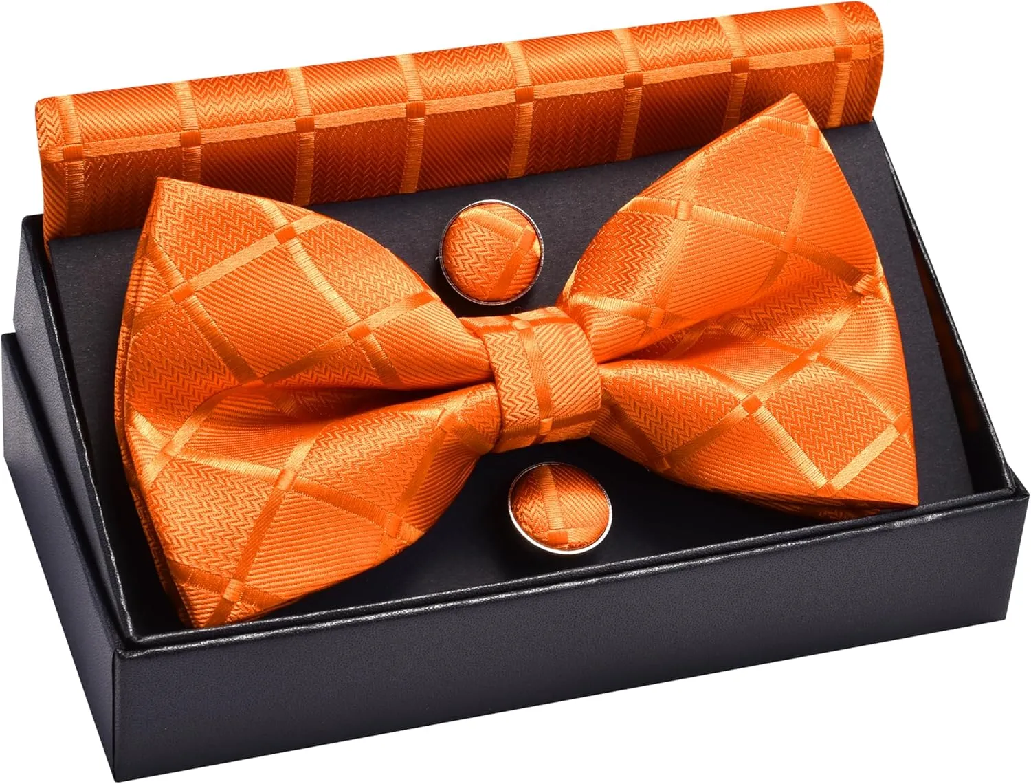 GUSLESON Mens Plaid Checkered Bow Tie Handkerchief Jacquard Woven Adjustable Pre-Tied Bowties Pocket Square Cufflinks Set
