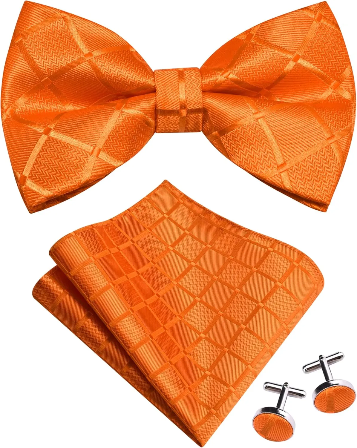 GUSLESON Mens Plaid Checkered Bow Tie Handkerchief Jacquard Woven Adjustable Pre-Tied Bowties Pocket Square Cufflinks Set