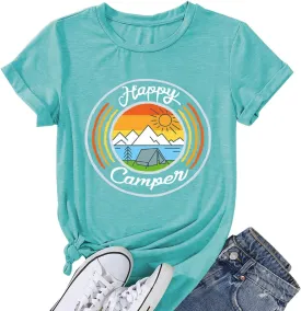 Happy Camp T-Shirt Women Hiking Mountain Adventure Novelty Workout Funny Saying Cute Graphic Athletic Shirt