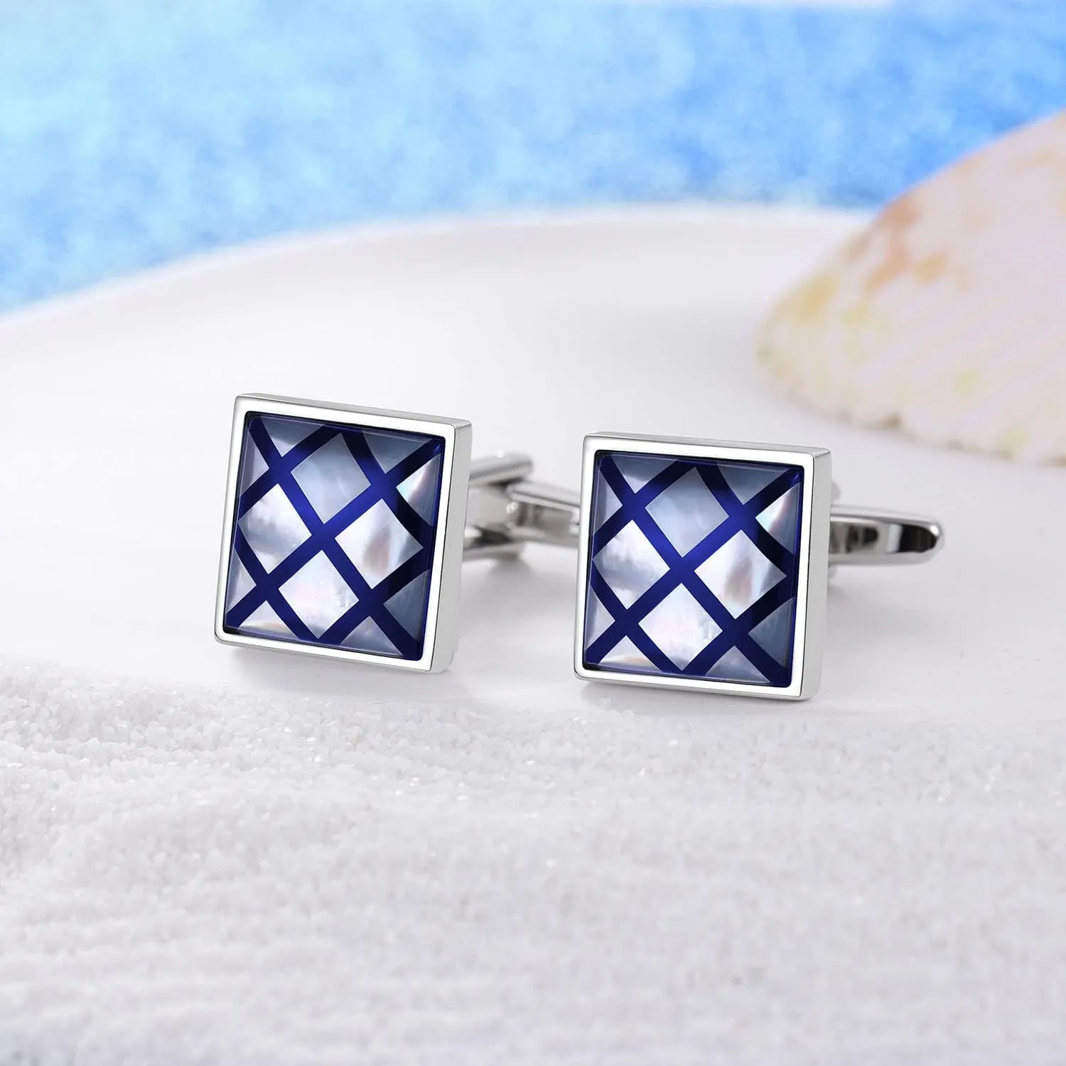 HAWSON Cufflinks for Men Gift Box Packing, Handmade Classic Mother of Pearl Silver Cuff Links for Mens French Shirt, Personalized Gifts Accessories for Men