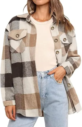 IN'VOLAND Womens Plus Size Shacket Jacket Flannel Plaid Long Sleeve Button Down Shirts Casual Fall Blouses Tops