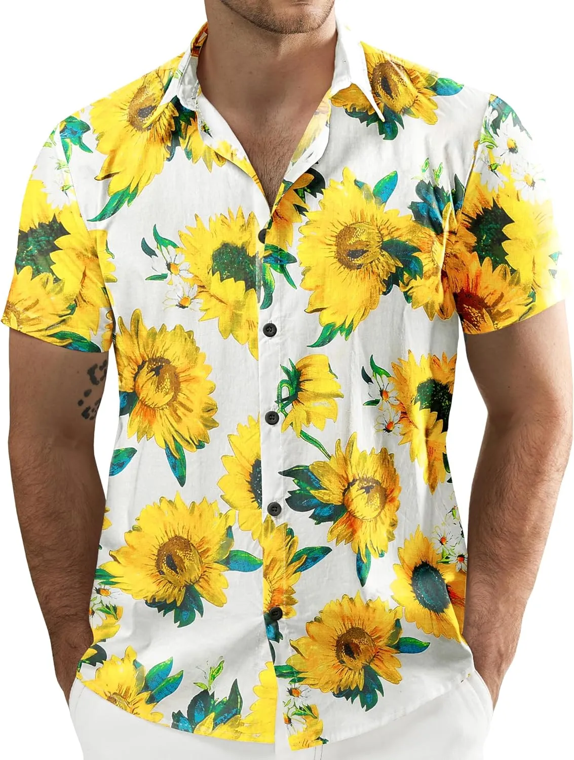 JOGAL Men's Flower Casual Button Down Short Sleeve Hawaiian Shirt