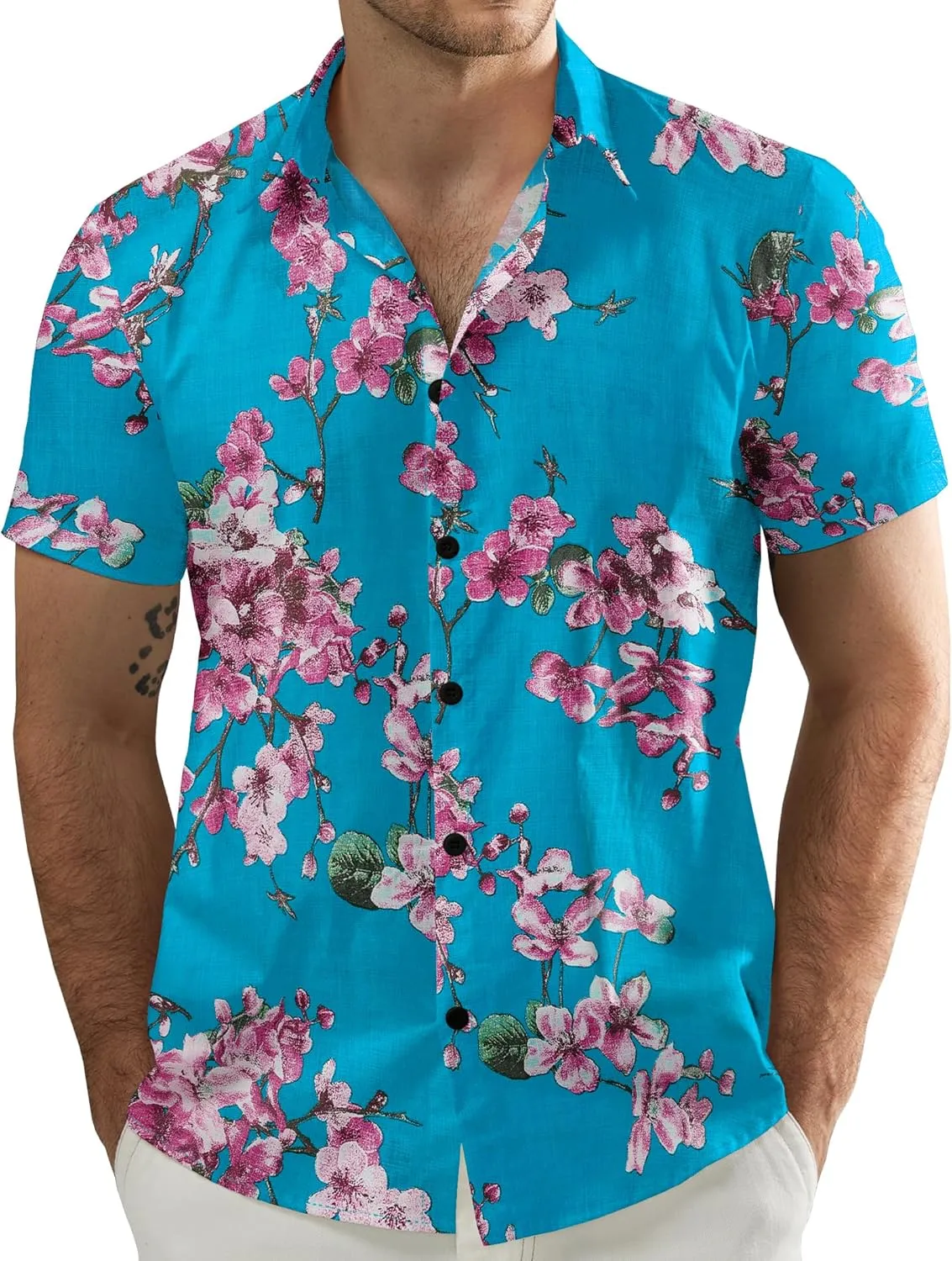 JOGAL Men's Flower Casual Button Down Short Sleeve Hawaiian Shirt