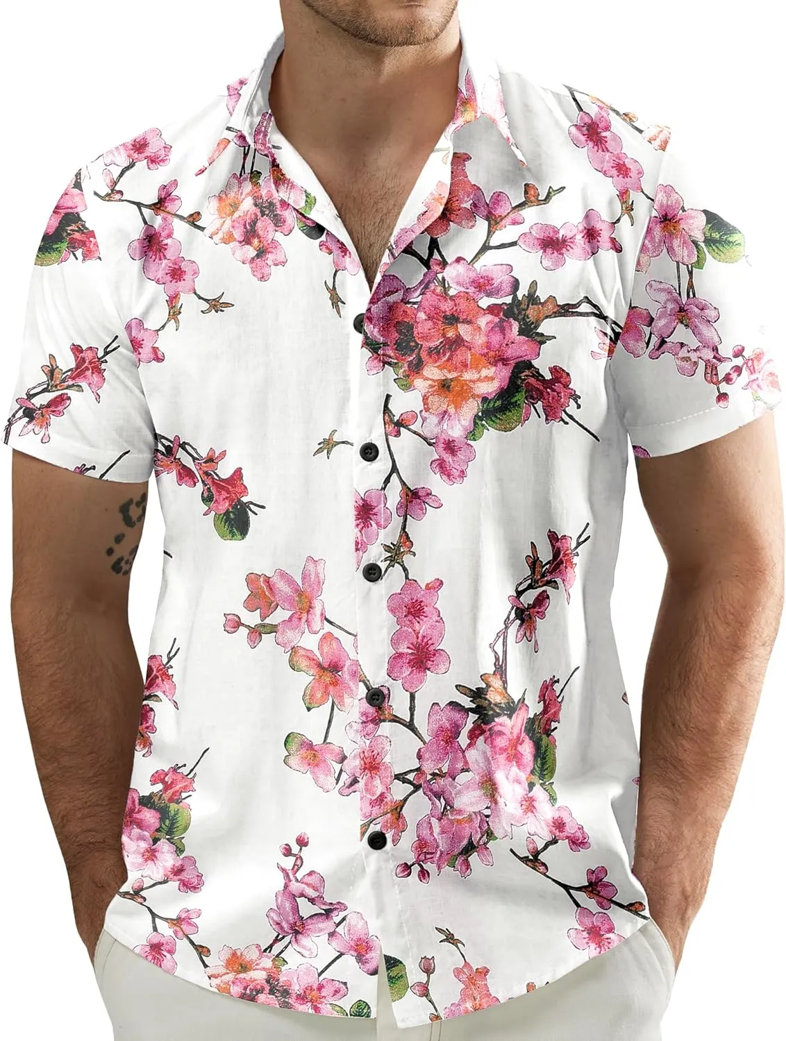 JOGAL Men's Flower Casual Button Down Short Sleeve Hawaiian Shirt